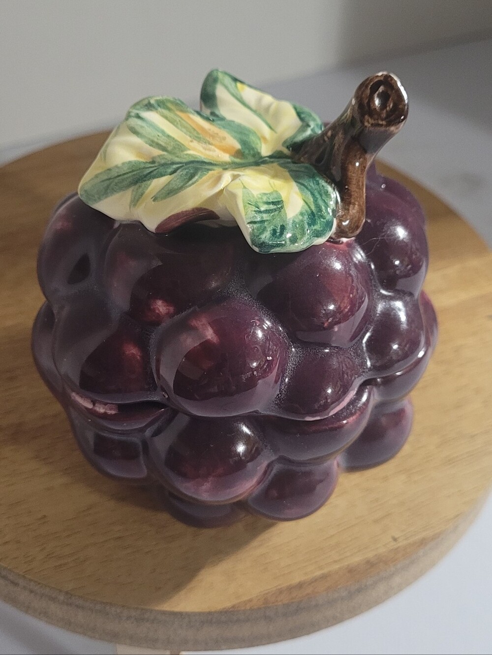 Vintage Purple Grape Ceramic Jelly Jar with Leaf Accent